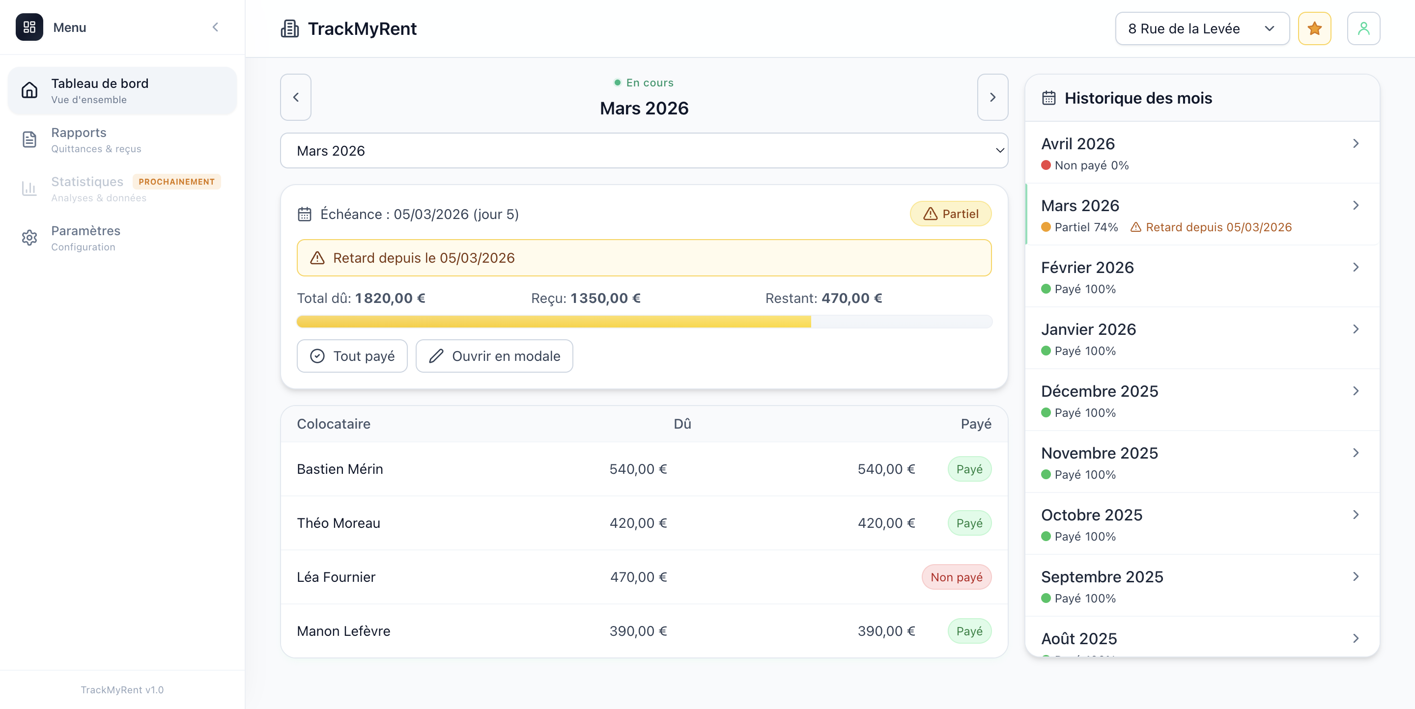 Interface de l'application TrackMyRent — tableau de bord avec suivi des paiements et historique des mois