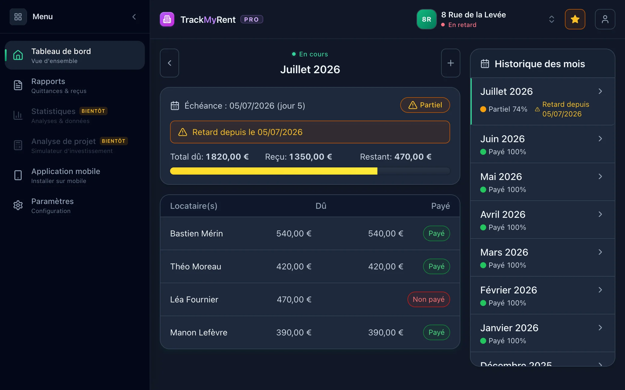 TrackMyRent en direct — tableau de bord, répertoire des quittances et éditeur de modèles