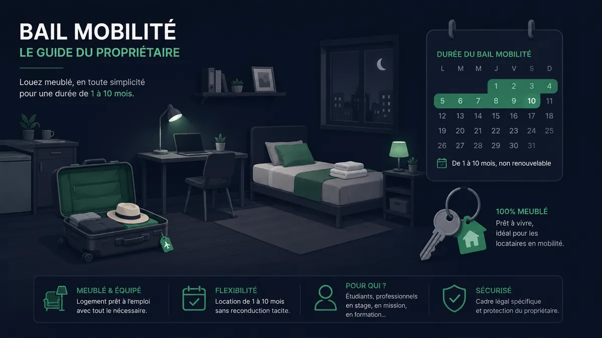 Studio meublé avec une valise ouverte, un calendrier marquant une période courte de un à dix mois et des clés posées sur une table