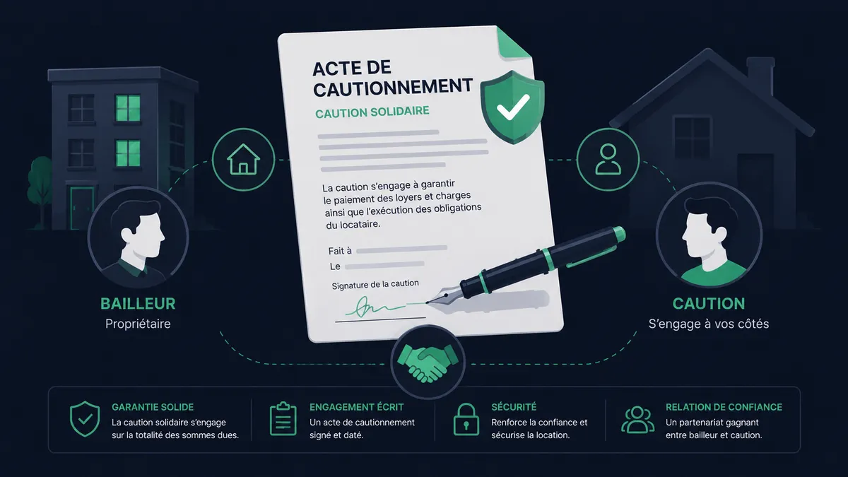 Acte de cautionnement signé, main tenant un stylo au-dessus d'une signature, avec un bouclier symbolisant la garantie du bailleur