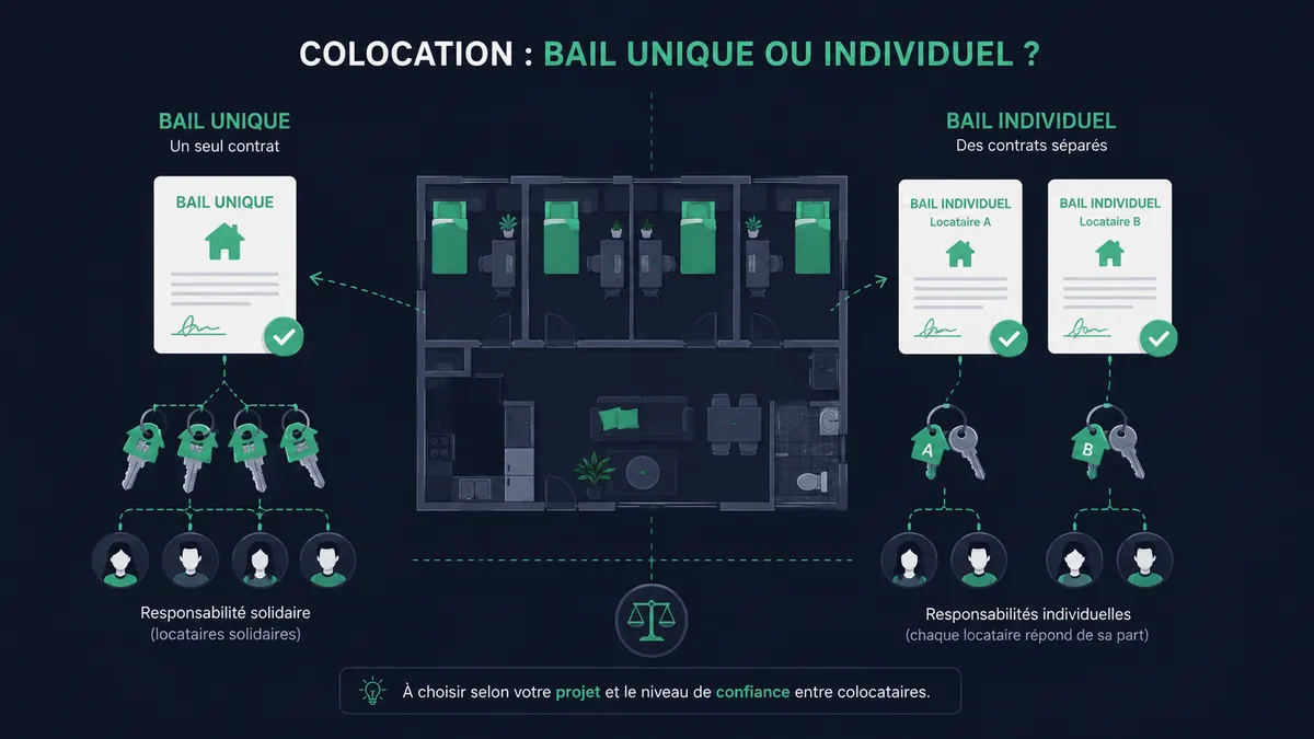 Logement en colocation avec deux contrats de bail distincts, clés multiples et répartition du loyer