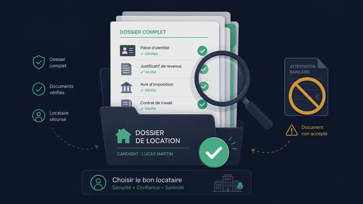 Dossier de location avec documents justificatifs, loupe et coche de validation