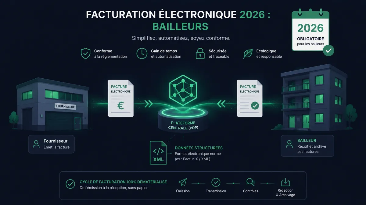 Illustration d'une facture électronique transitant par une plateforme agréée entre un fournisseur et un bailleur