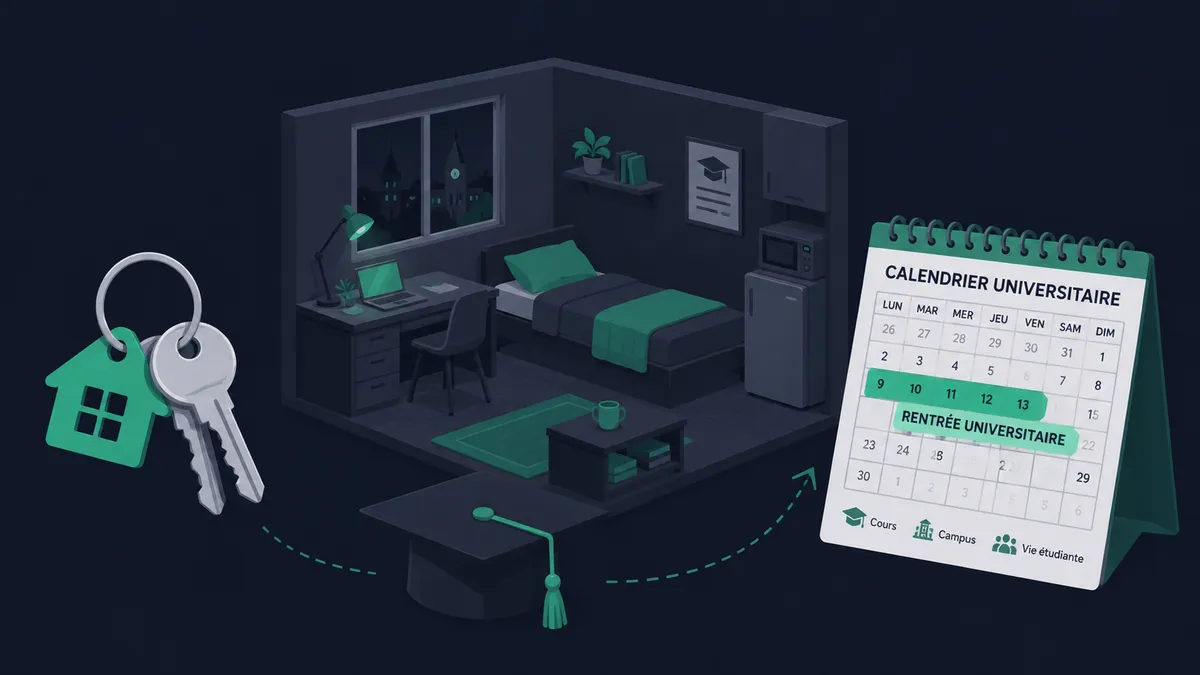 Chambre étudiante meublée avec bureau, clés de logement et calendrier de rentrée universitaire