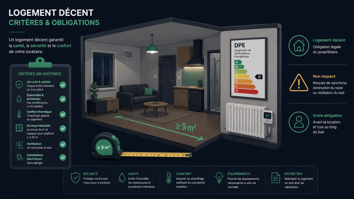 Logement avec un mètre ruban mesurant une pièce, une ampoule, un radiateur et une étiquette énergétique DPE affichée au mur