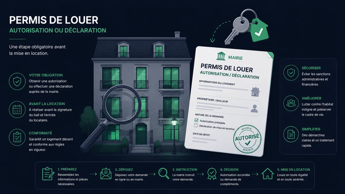 Immeuble d'habitation avec un formulaire administratif tamponné, une clé et une loupe symbolisant le contrôle avant mise en location