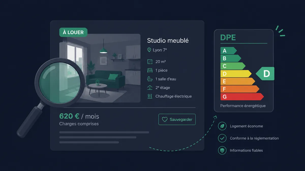 Petite annonce de location avec photo de logement, loupe et étiquette de performance énergétique