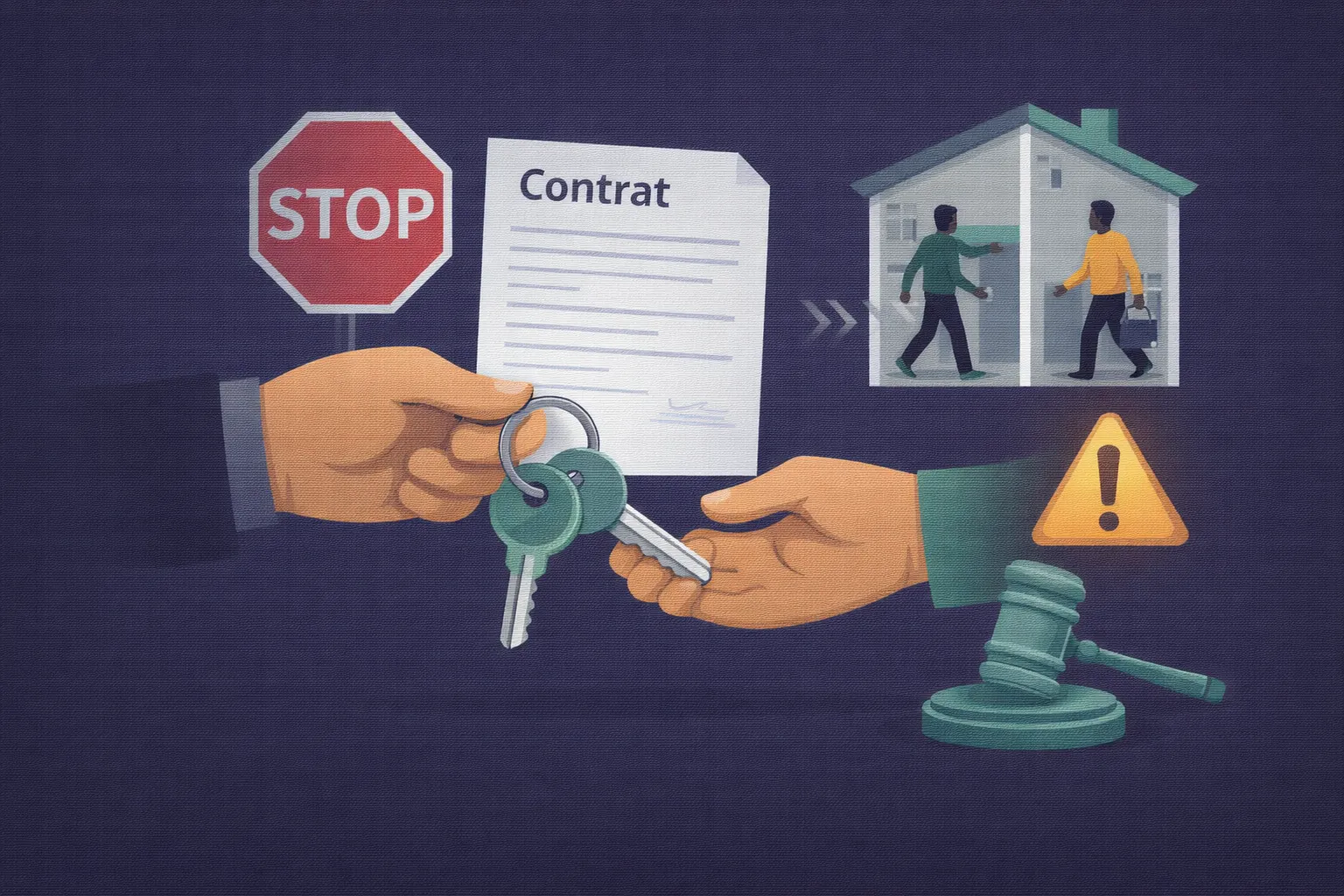 Illustration d'un appartement avec une clé transmise entre deux personnes et un contrat en arrière-plan