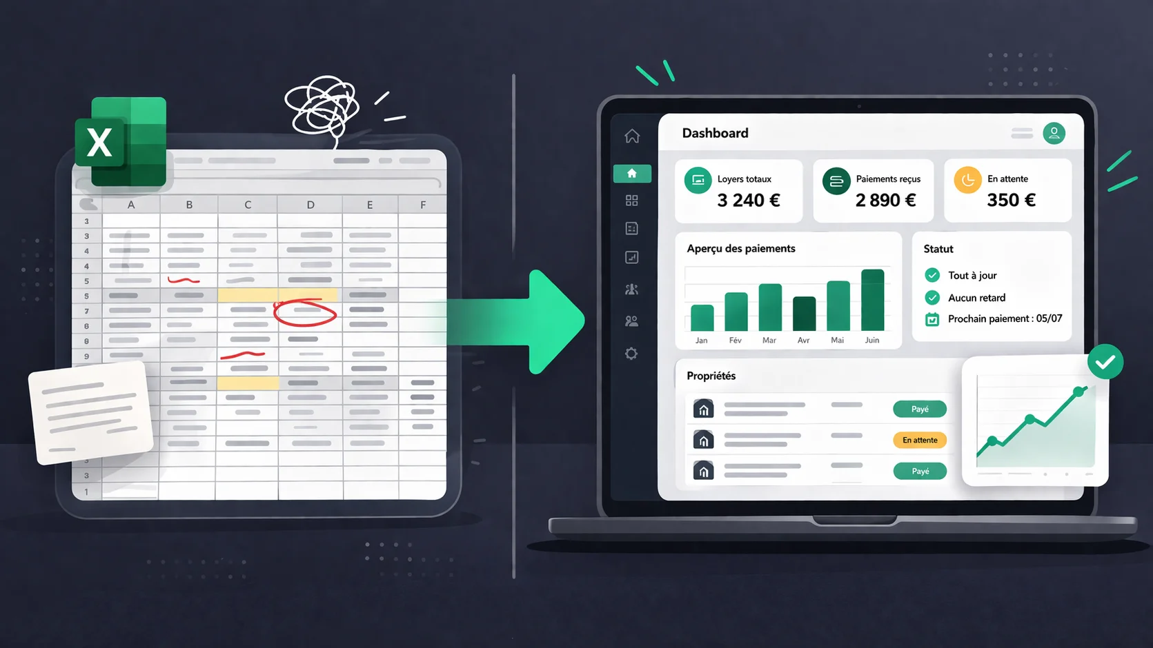 Comparaison entre un tableau Excel complexe et une application de suivi de loyer moderne