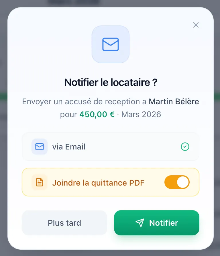 Notification par email avec quittance PDF jointe