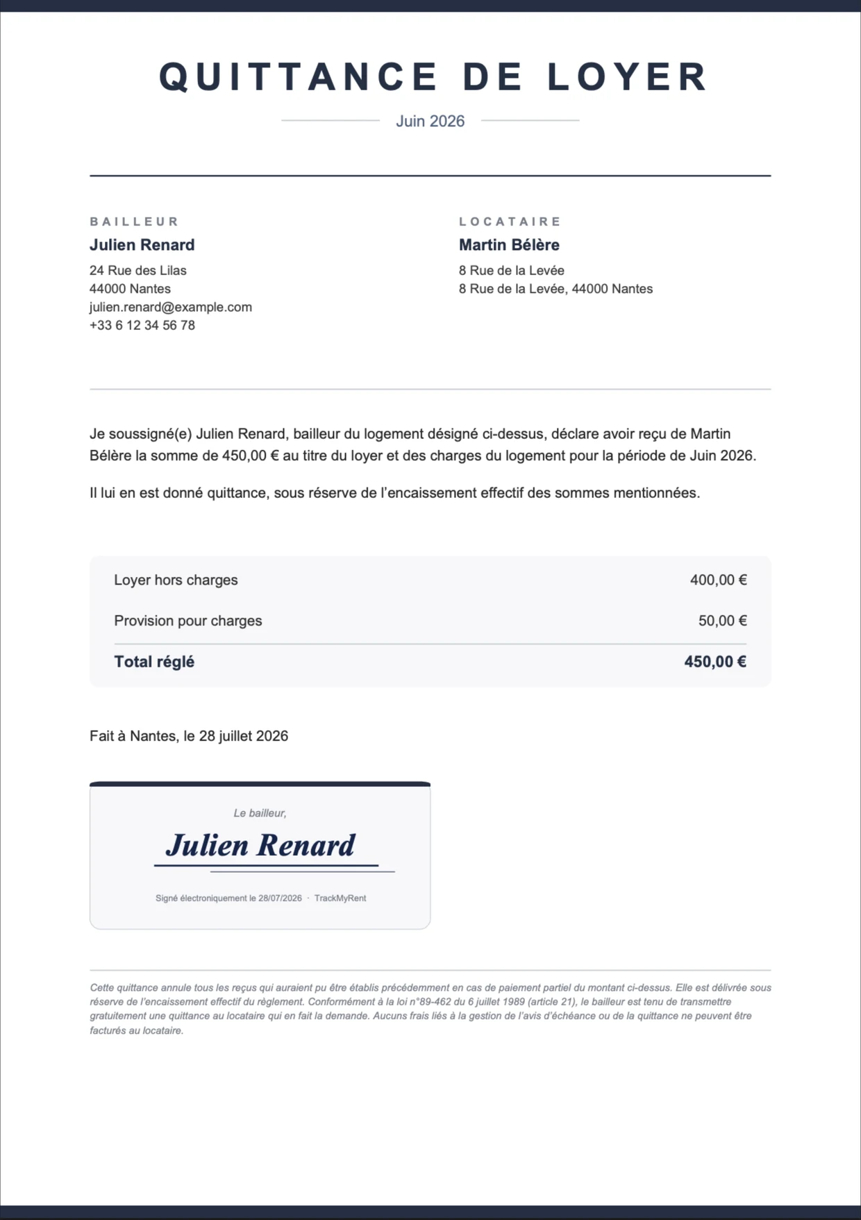 Exemplaire de quittance de loyer générée par TrackMyRent : période, bailleur, locataire, détail du loyer et des charges, signature et mentions légales