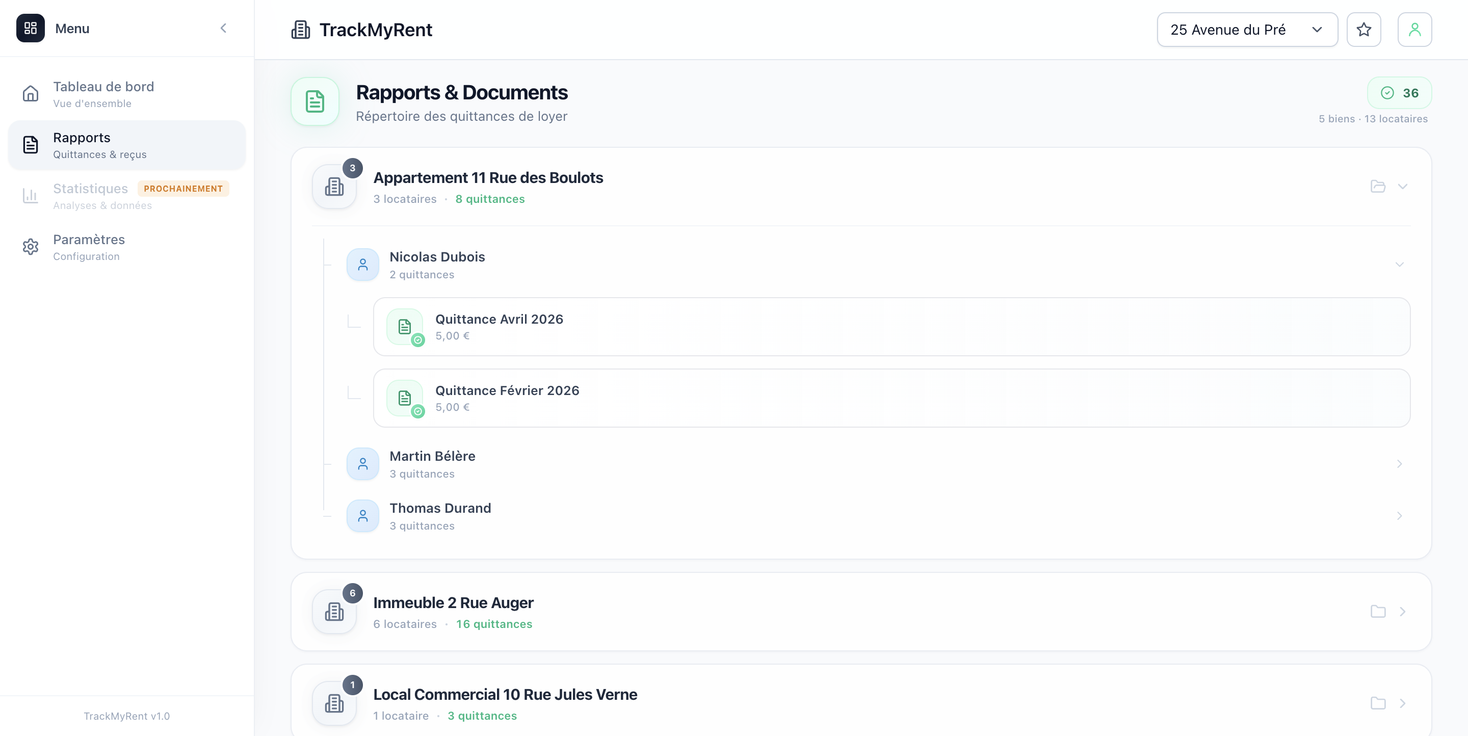 Page Rapports & Documents — répertoire des quittances de loyer organisé par bien