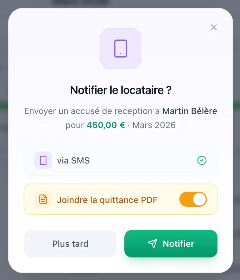 Notification par SMS avec quittance PDF jointe