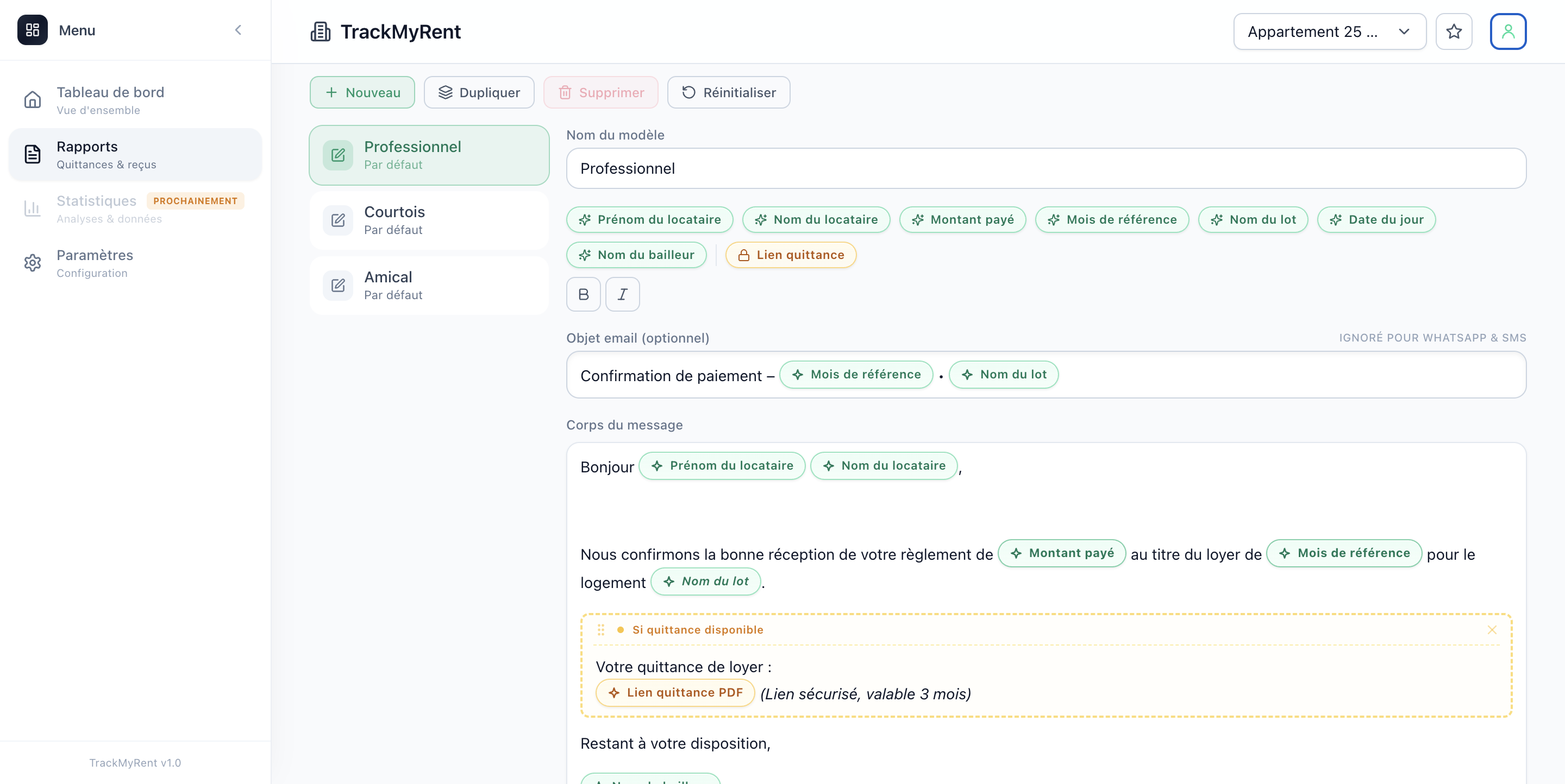 Éditeur de template de quittance avec variables dynamiques