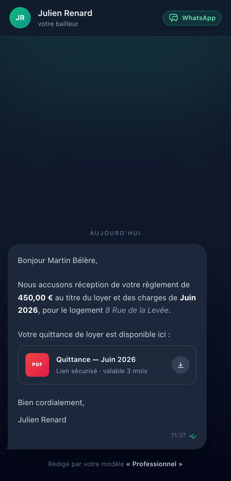 Le message reçu par le locataire, en direct — texte issu de votre modèle, quittance en lien sécurisé