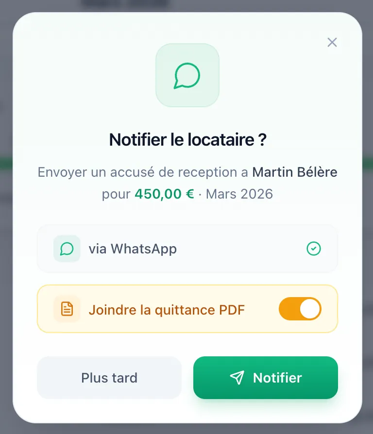 Notification par WhatsApp avec quittance PDF jointe